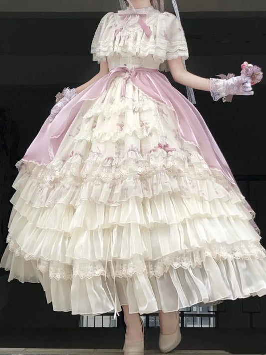 Elegantes Full Print Set Edward Bluebell Kleid Lolita OP Classic Beige Neck