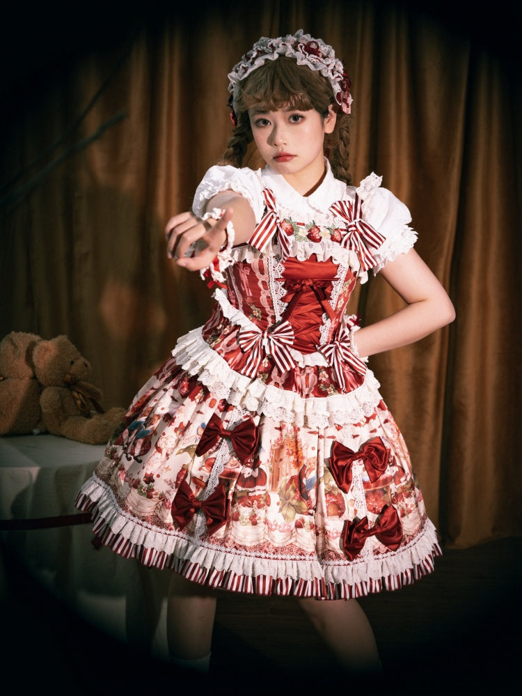 Red and Strawberry Print Dress Skirt Sweet Lolita Jumper Bunny