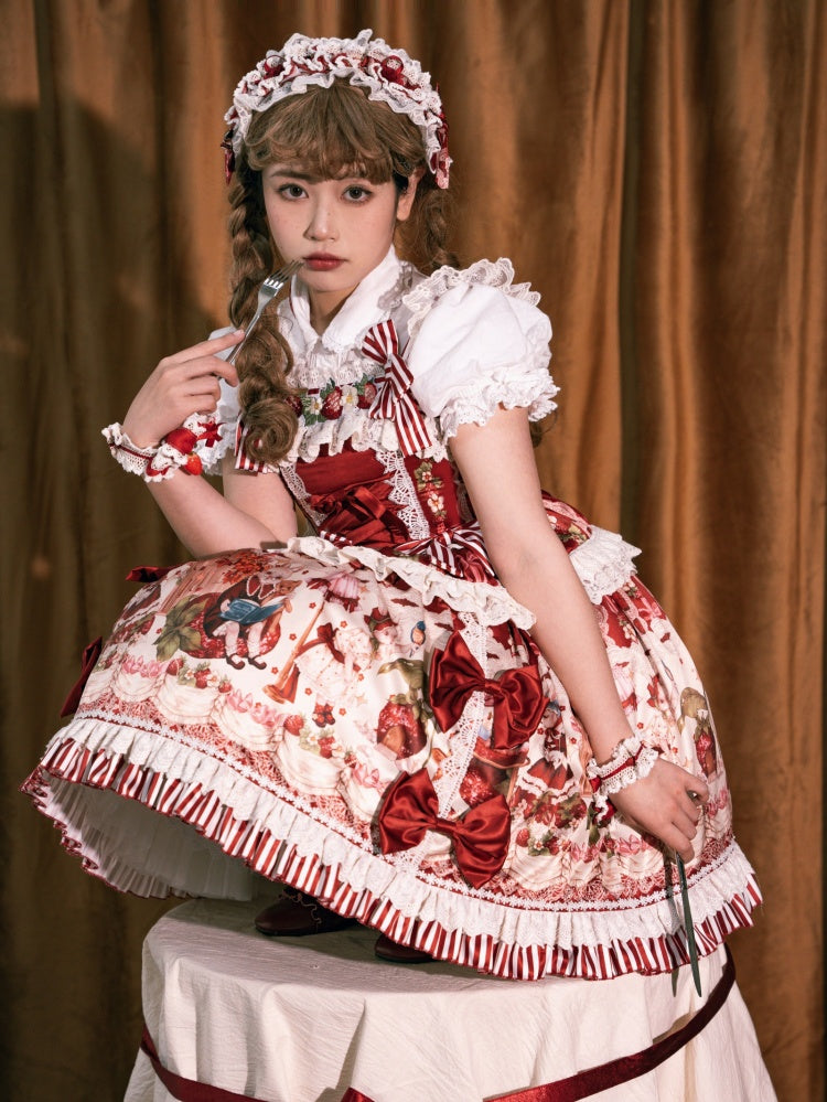 Red and Strawberry Print Dress Skirt Sweet Lolita Jumper Bunny