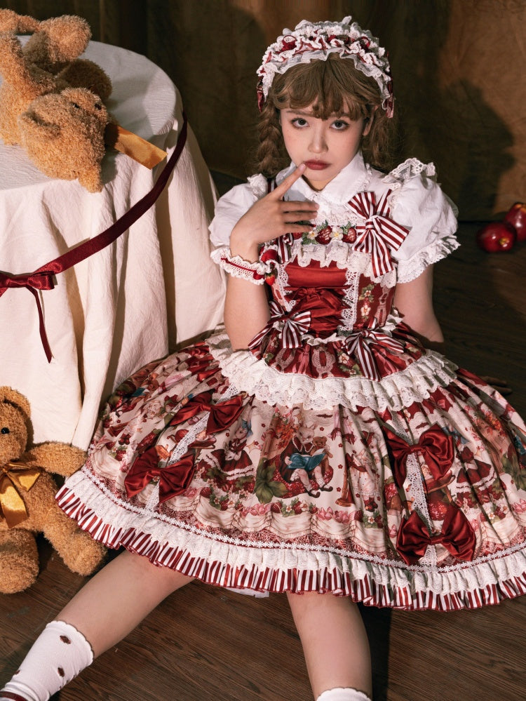 Red and Strawberry Print Dress Skirt Sweet Lolita Jumper Bunny