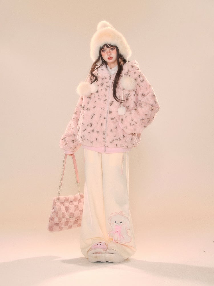 Beige Wide-Leg Pants with Pink Waistband and Embroidered Puppy Design