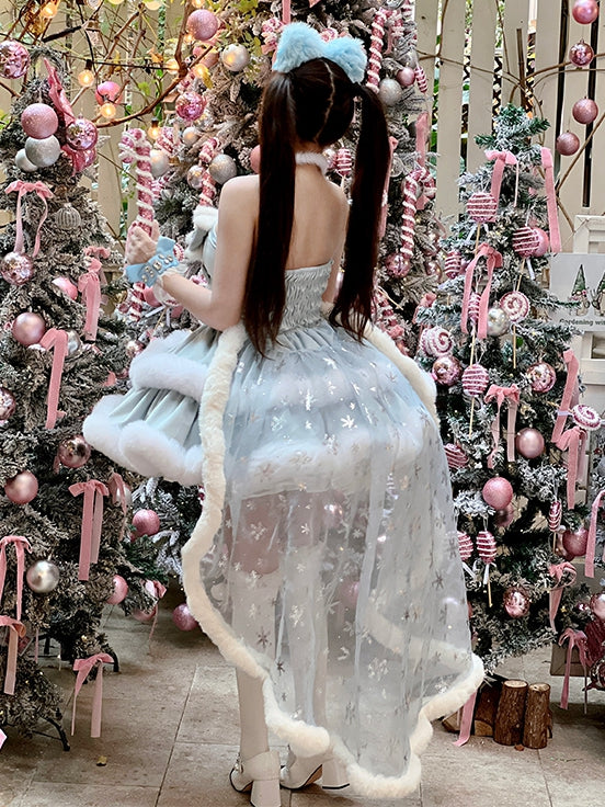 Blaues trägerloses Winterkleid mit Schneeflockenschleifen und Plüschbesatz