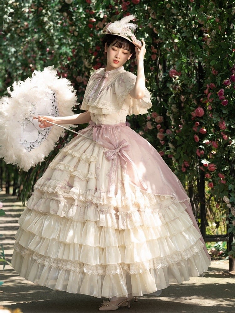 Set Classic OP Full Neck Beige Print Elegant Lolita Bluebell Edward Dress