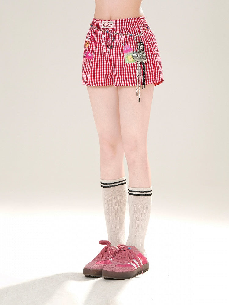 Red Plaid Straight-Leg Casual Shorts