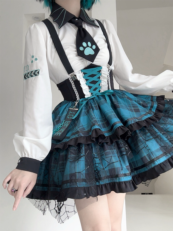 Overall Punk and Lace-up Waist Black Plaid Detail Corset Lolita Dress Green