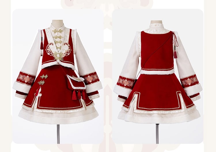 Red New Year Knot Buttons Banded Collar Lolita Dress Vest Tassels Crossbody Bag Full Set