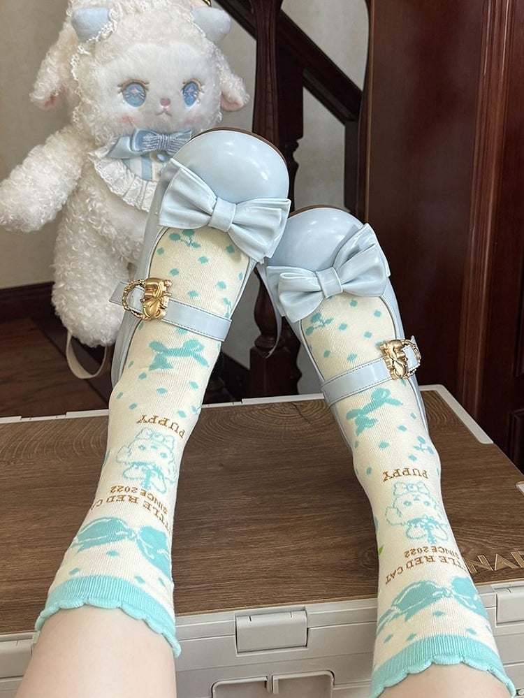 Heart Top Bow Buckles Sky at Hugging Bear Lolita Sweet Flats with Blue