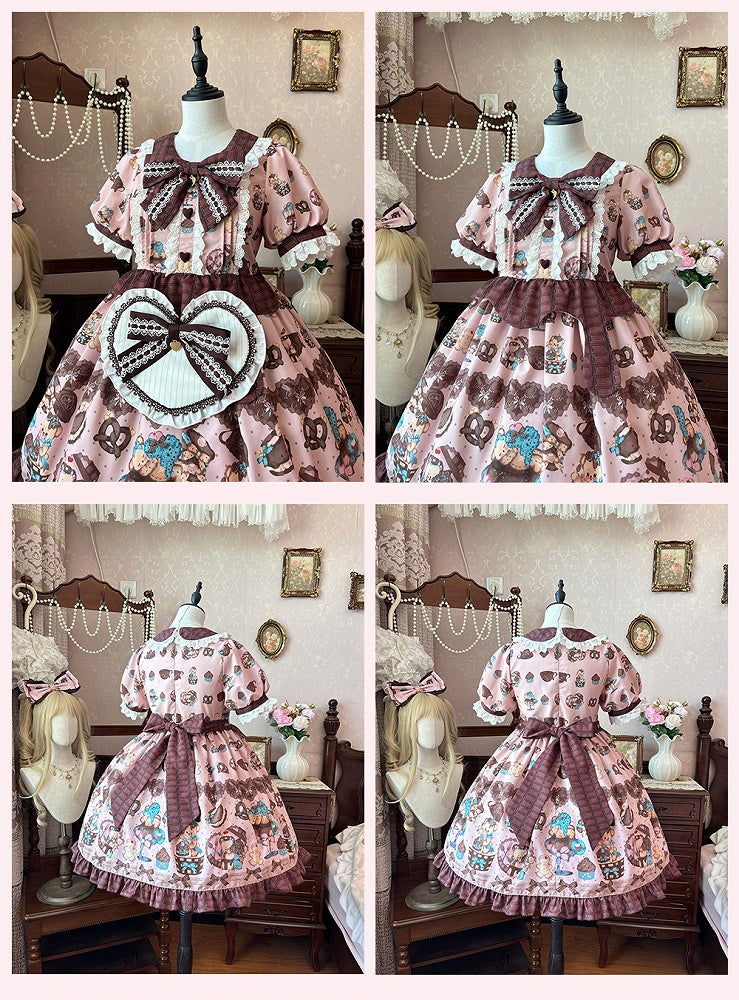 Piece Pink Lolita Dress One Vintage Teddy Bear Print Sweet Light