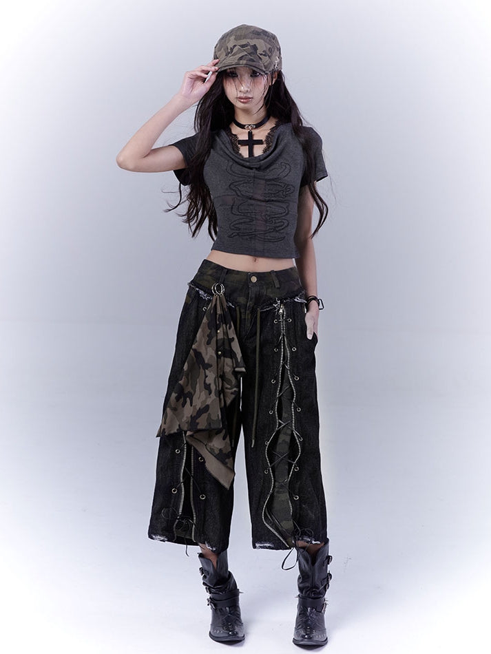 Distressed Rock Straight-leg Jeans Punk Camouflage Lace-up Front