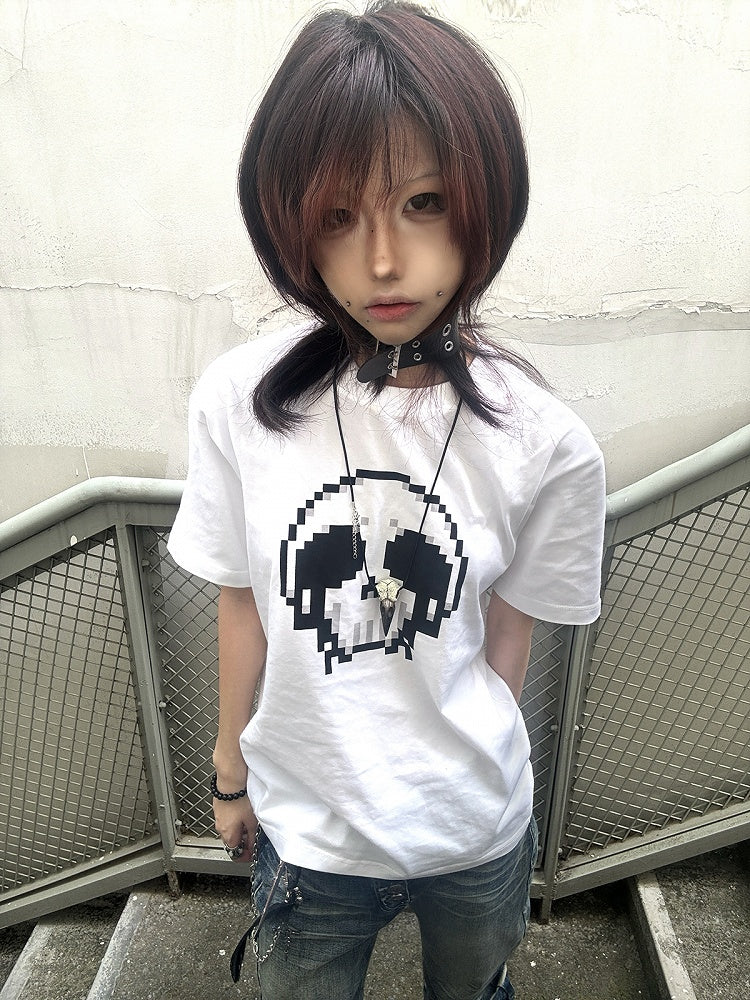 Pixel Round Neck T-Shirt Skeleton Print Cotton Black/White