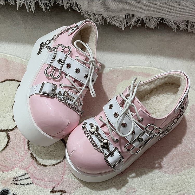 Jirai Kei Pink Y2K Bone Design Buckle Strap Platform Shoes