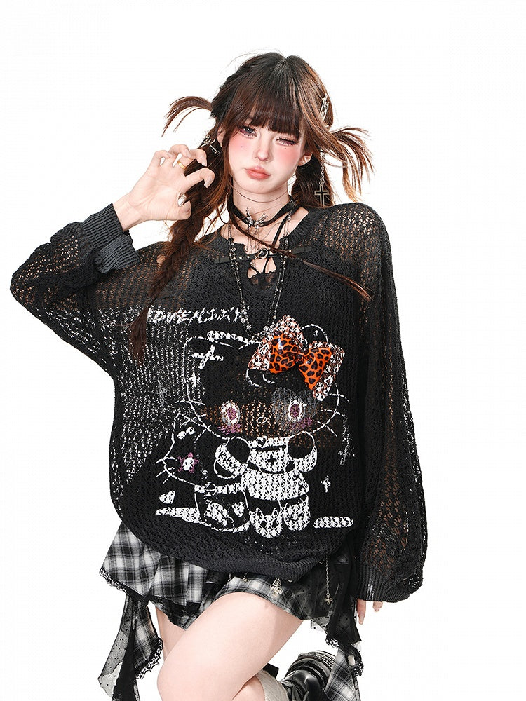 Top Kitty Print Pink/Apricot/Schwarz Distressed Löcher Sommer Sonnenschutz Aushöhlen