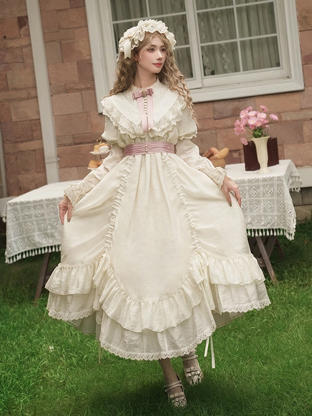 Beige Short Drawstring Loose Sleeves Lolita Embroidery with Rosette Details Dress