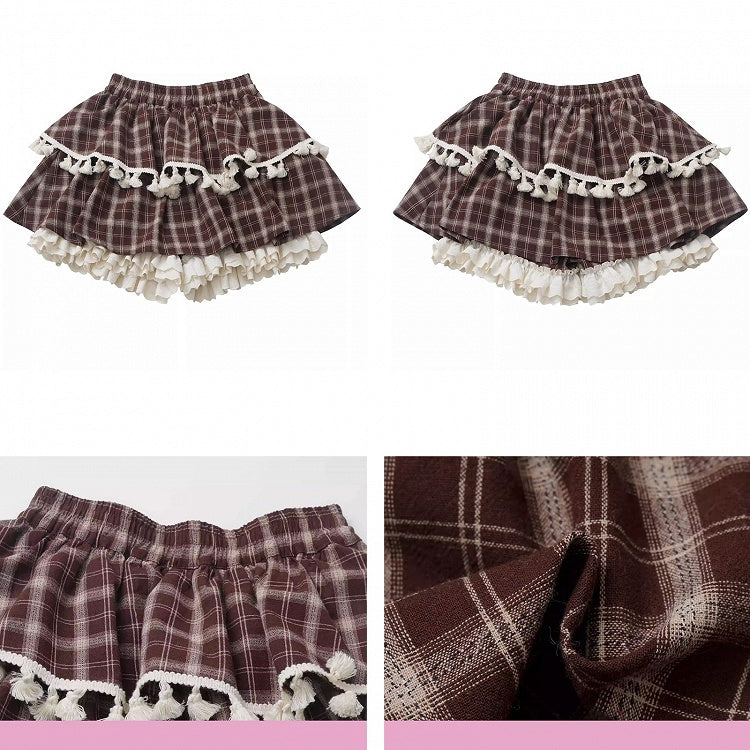 Braun karierter Stufen-Skort mit Rüschenbündchen und Fransenbesatz