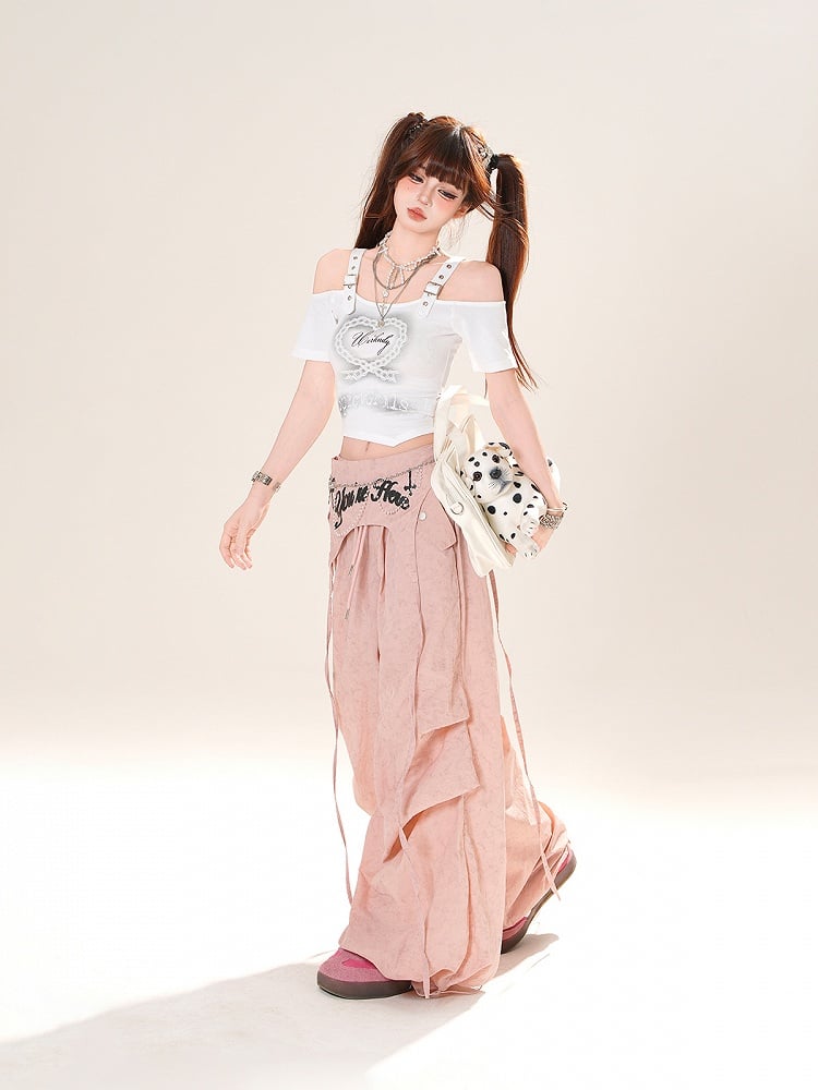 Accessory Pink/Gray Drawstring Wide-Leg Pants with Waist