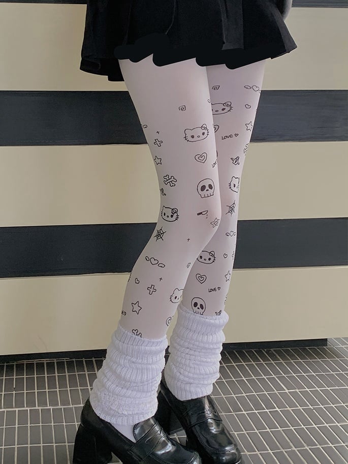 White Sweet Kitty Heart Star Print Cartoon Tights