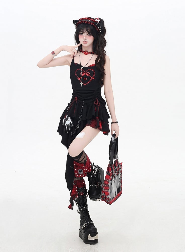 Cami Dress Skirt Red and Black Plaid Drawstring Waist Handkerchief Hem Tiered