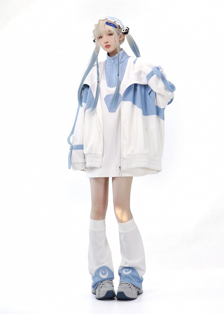 Zip Sleeves Jacket Front Light Tenshi Blue Up and Kaiwai Long Sweatershirt White