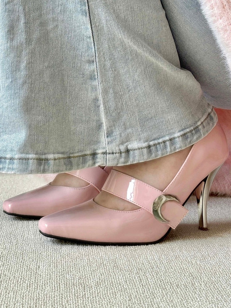 Heels at Toe High Moon Ankle Elegant Velcro Strap Pink Lace-up + Closures Pointed - Lolita Accent