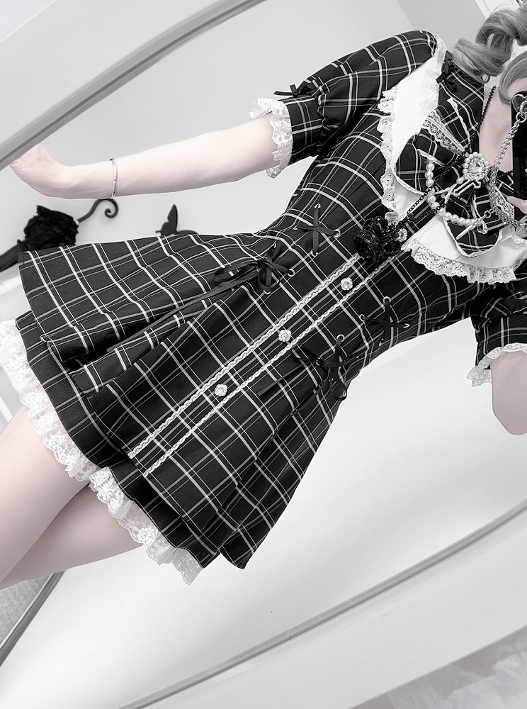 Mini Dress+Shorts Jirai Black Lace-up Plaid Set Embellished Details Kei Waist Rhinestones
