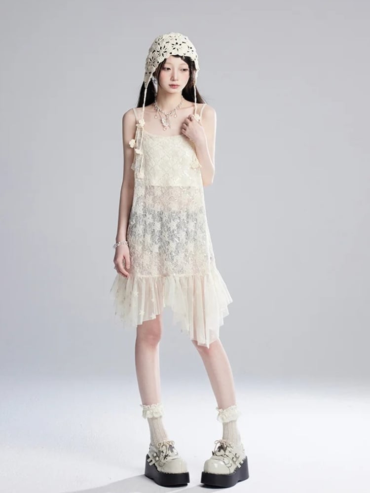 Strapless Hem Cropped Sequins Mesh Slip Dress/Apricot Apricot Semi-sheer Top Star Pattern Asymmetrical