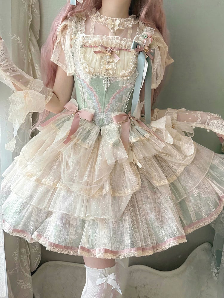 Corset with Pink Two Green Bows Boned Bead Top Details and