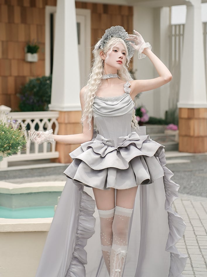 Cowl Spaghetti Dress Elegant Waist Straps Boned Lolita JSK Set Full Neckline Gray