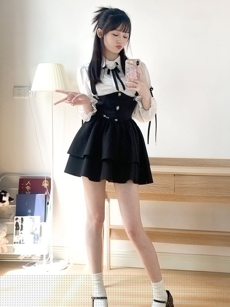 Suspender Skirt White High Waist Black Preppy Set- Full Overalls Shirt +