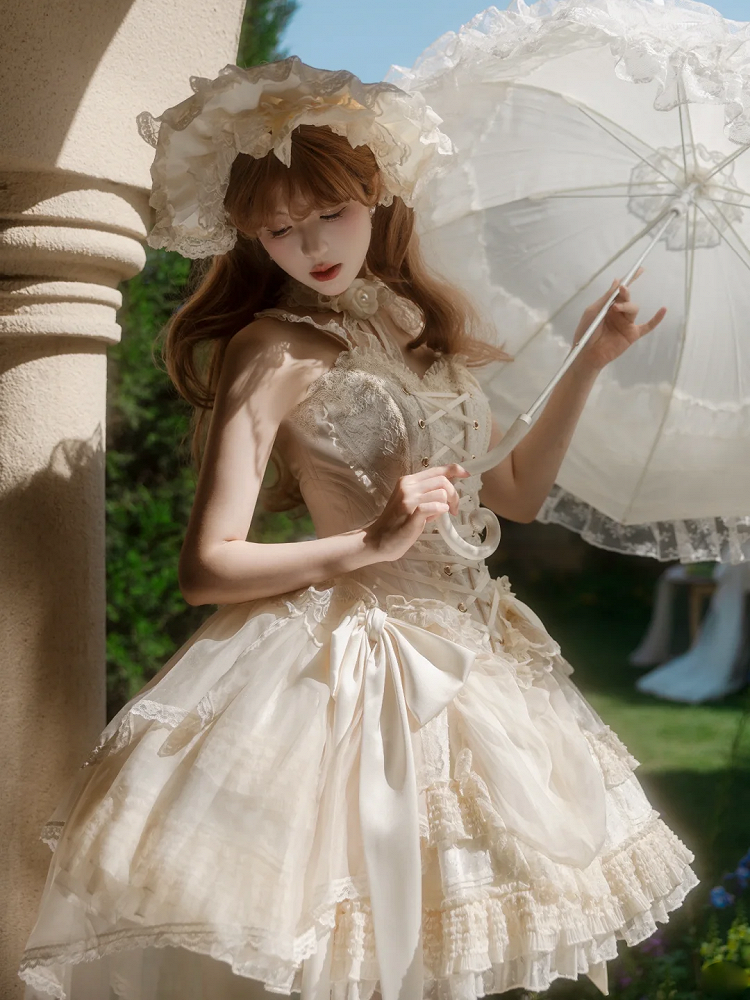 + Top Set Creamy Elegant Balletcore Skirt Lolita High-low Overlay Corset - Boned