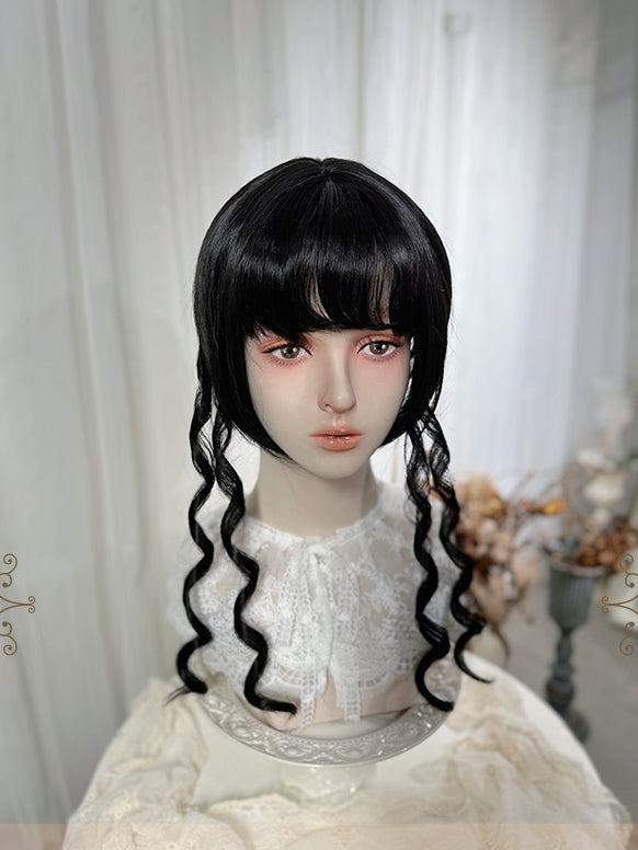 Wigs 48cm Bangs Two + Black Curly With Length Claw Ponytails