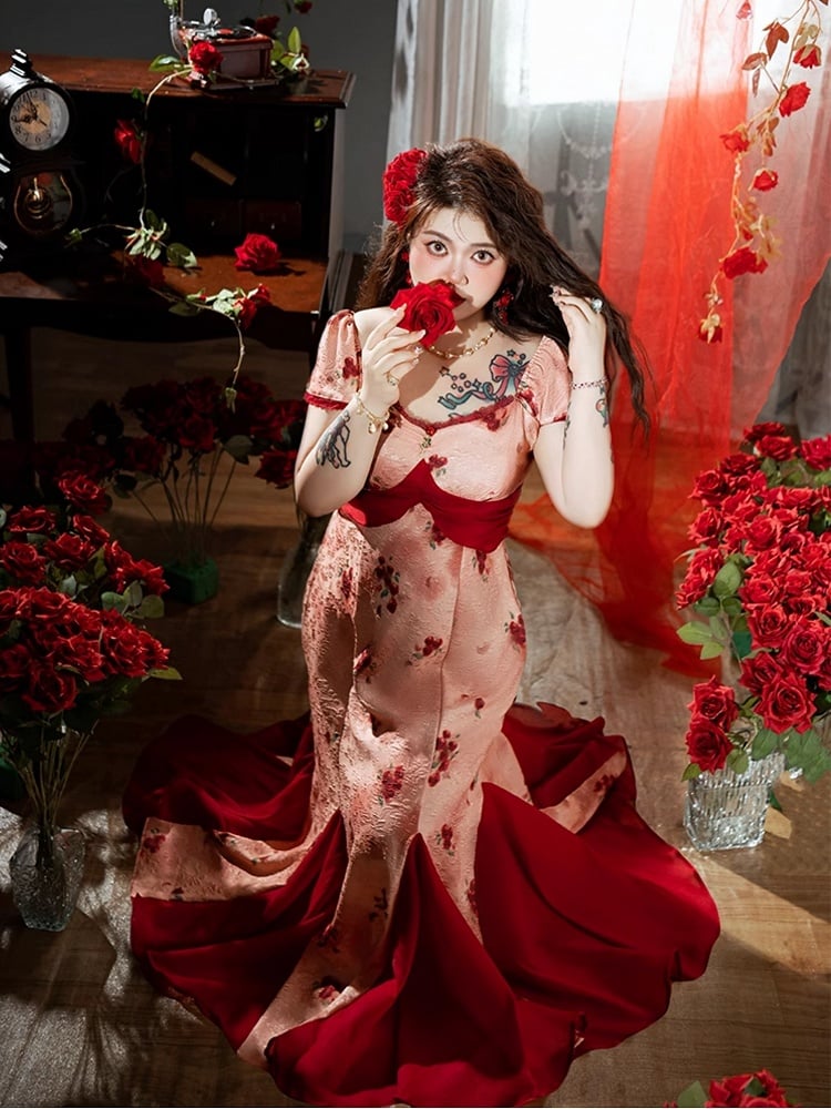 Hem Skirt Plus Size Mesh Red Rosette Print Dress Patchwork Mermaid