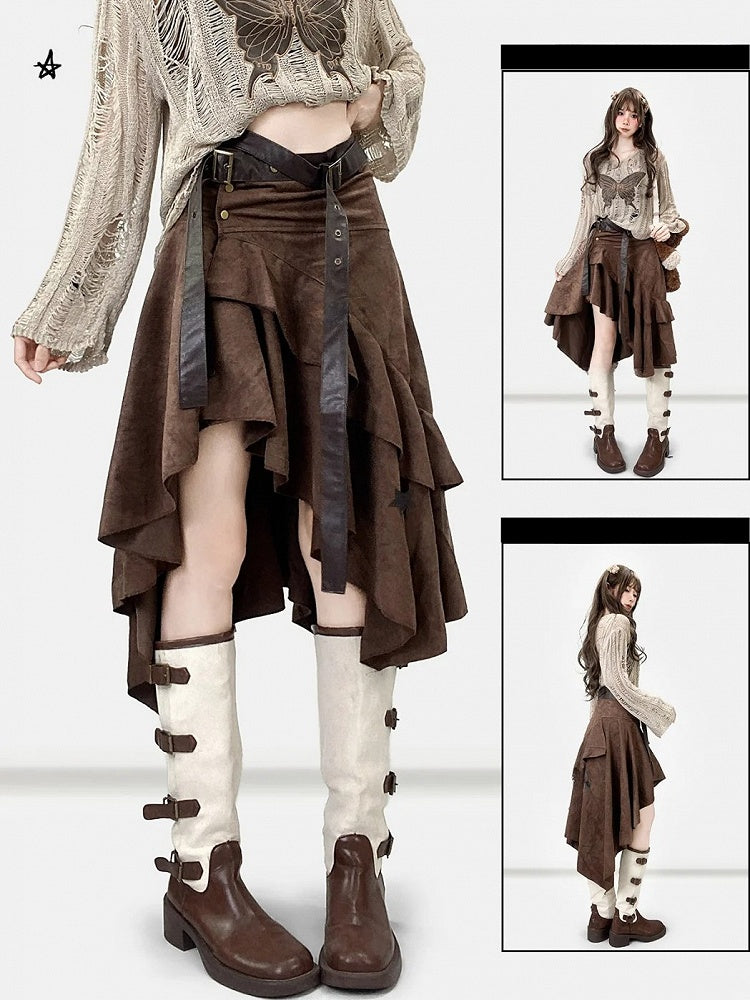 Coffee Hem Wasteland Asymmetrical Skirt Brown Punk