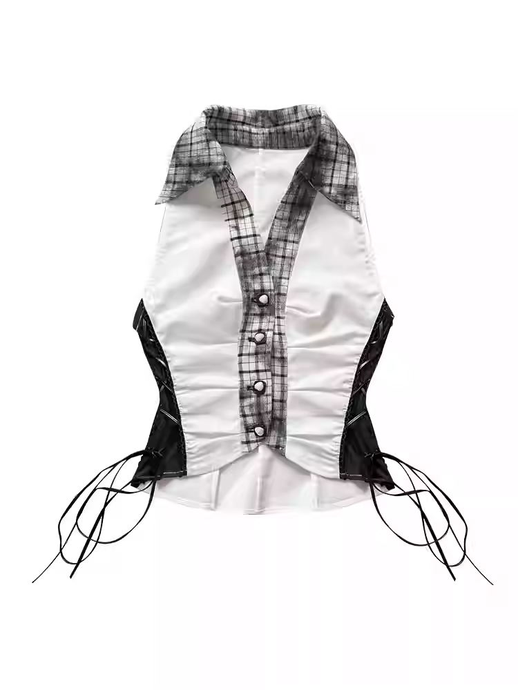 Shirt Black Plaid Collar Side Pattern Cropped Sleeveless Top with Lace-up Details