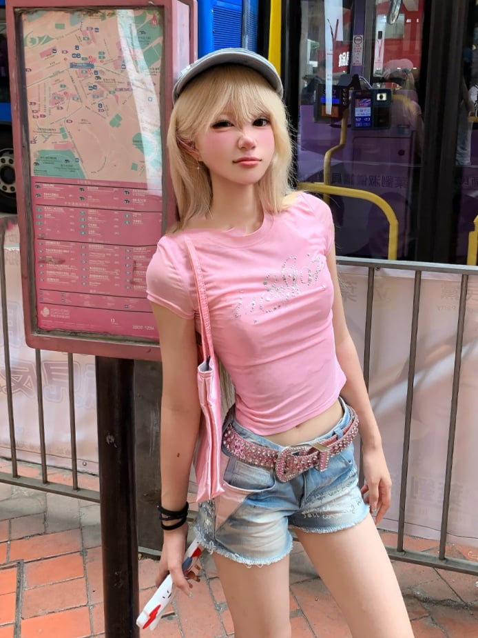 Kurzes T-Shirt mit rosa Rundhalsausschnitt und Strassverzierung