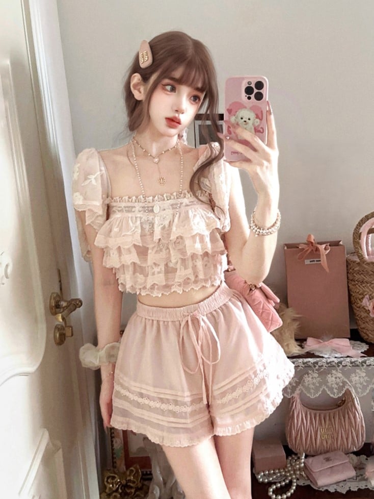 Flounce With Sakura Pink Chiffon Overlay Top Floral Embroidered Lace