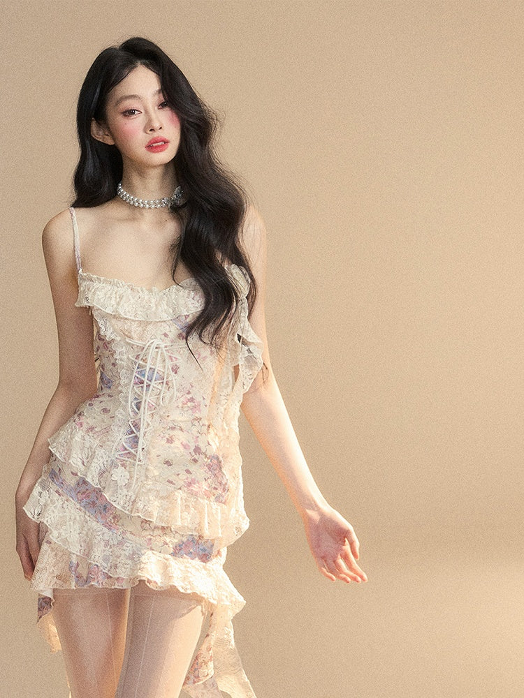 Dress with Lace-up Detail Hem Floral Apricot Ruffled at Slip Asymmetrical Front