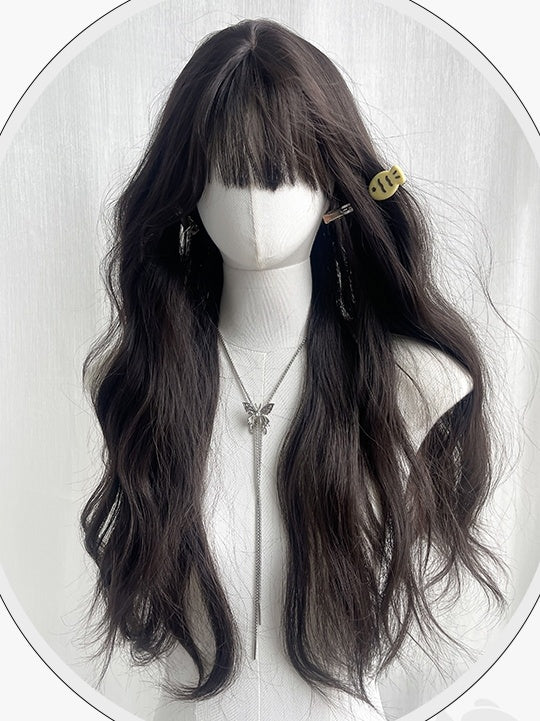 Black Tea Long Wavy Wig With Air Bangs