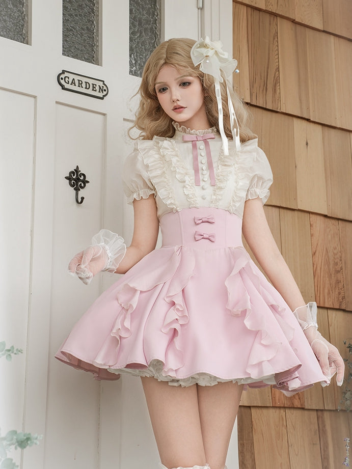 and Fake Blouse Boned Pieces Design Apricot Pink Skirt Lolita Waist Dress Two