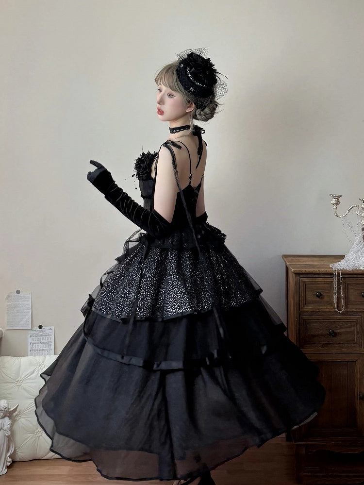Black Spaghetti Lolita Layered Straps Elegant Dress Shimmering