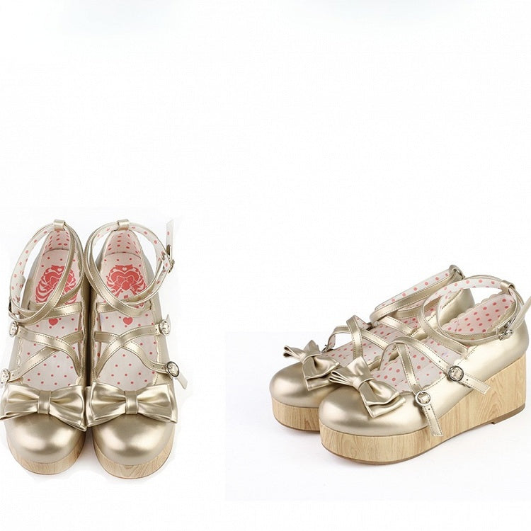 Design PU-Schuhe mit süßer Schleife Lolita Crisscross Golden Accent Plateau Keil