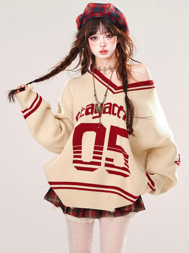 Apricot Numbers Preppy Style V-Ausschnitt Lockerer Pullover