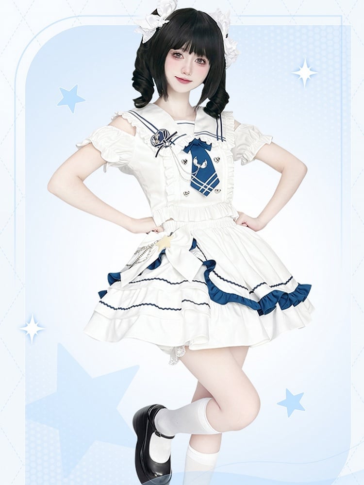 Shoulder Top Cutout Skirt White with Tiered and Sailor Collar