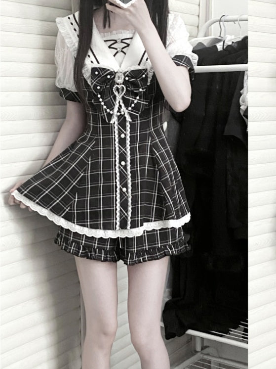 Plaid Bow Mini Dress + Ruffled Back Black Shorts Sailor Collar Self-tie Hem Jirai Kei Set