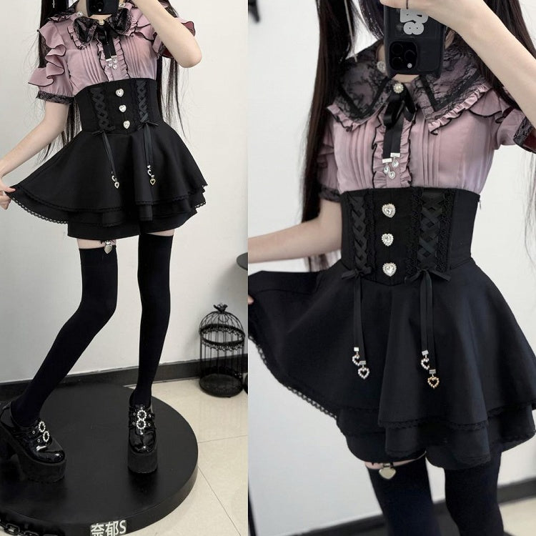 Schwarze Spitze, Double Kei Cutouts, Schleife, Blusenkragen im Jirai-Stil und Schulter lila