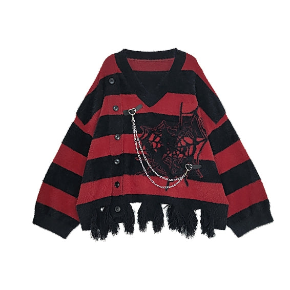 Y2K Black and Red Spider Web Pattern Distress Trim V-neck Striped Sweater Buckle Straps with Chain