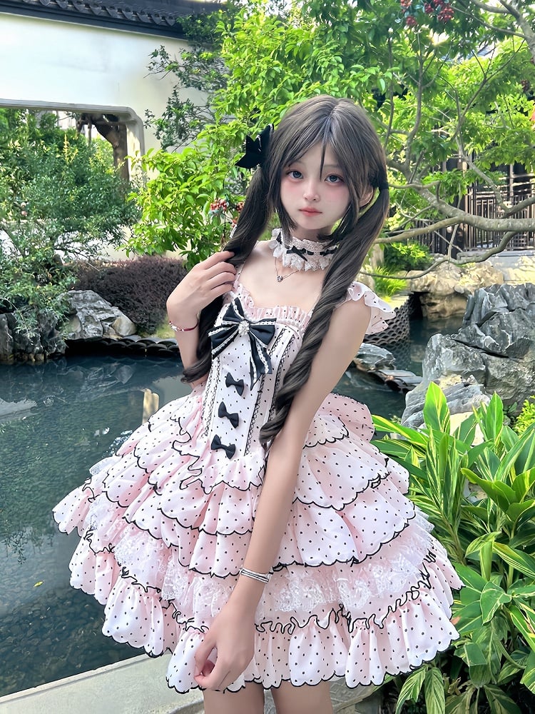 Ärmeln Stäbchen Abnehmbare Süße Taille Kleid mit Retro Polka Dots Lolita Rosa Puff