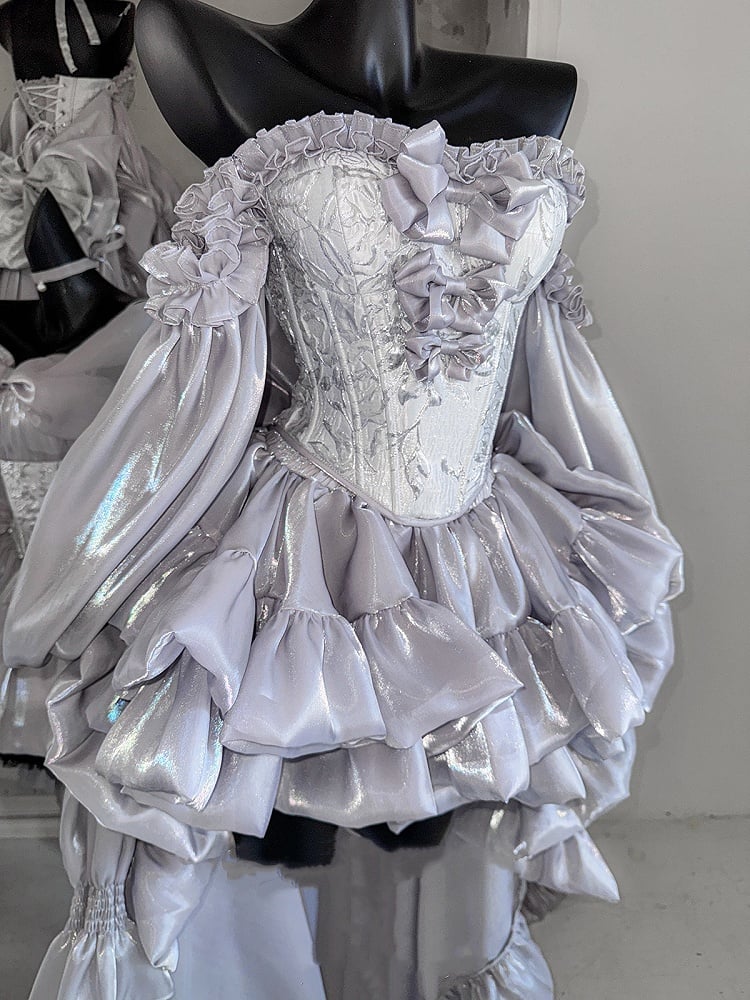 + Lace-up Balletcore Top Full Set Big Sleeves Skirt Train Bow Corset Silvery