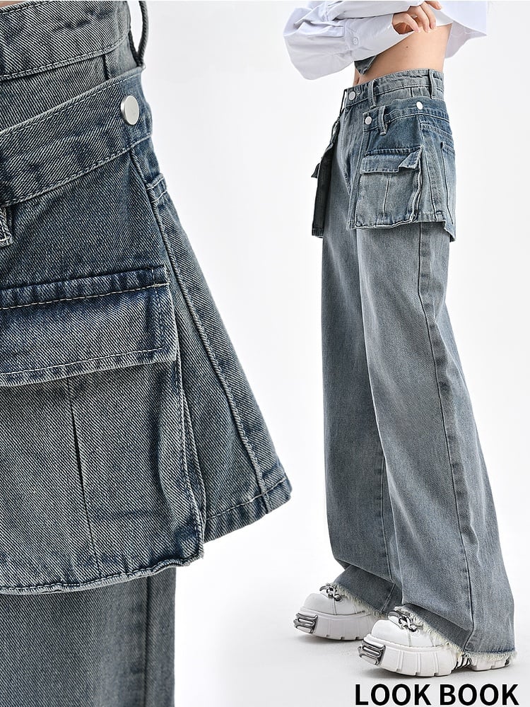 Wide-Leg Jeans with Detachable Skirt Accessory Blue Vintage