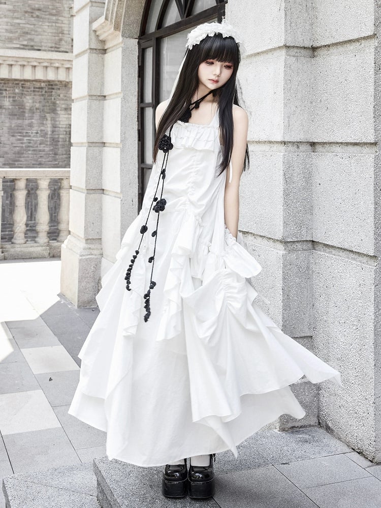 + Drawstring Design Necklace White Goth Ruffles Loose Scarf Dress Cascading