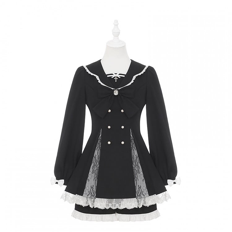 High Mini Coord with Dress Slit Matching Kei Black Set: Jirai Lace-Paneled Edgy Shorts